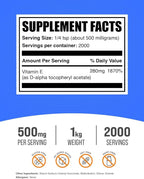 BulkSupplements.com Vitamin E 400 IU Powder - as D-Alpha Tocopherol, Vitamin E Supplements - Gluten Free, 500mg per Serving, 1kg (2.2 lbs) (Pack of 1)