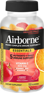 Airborne 400mg Vitamin C Gummies for Adults & Children, Immune Essentials Daily Immune Support Supplement with Vitamins C & E - Orchard Fruit Flavor, 132 Gummies (Pack of 2)