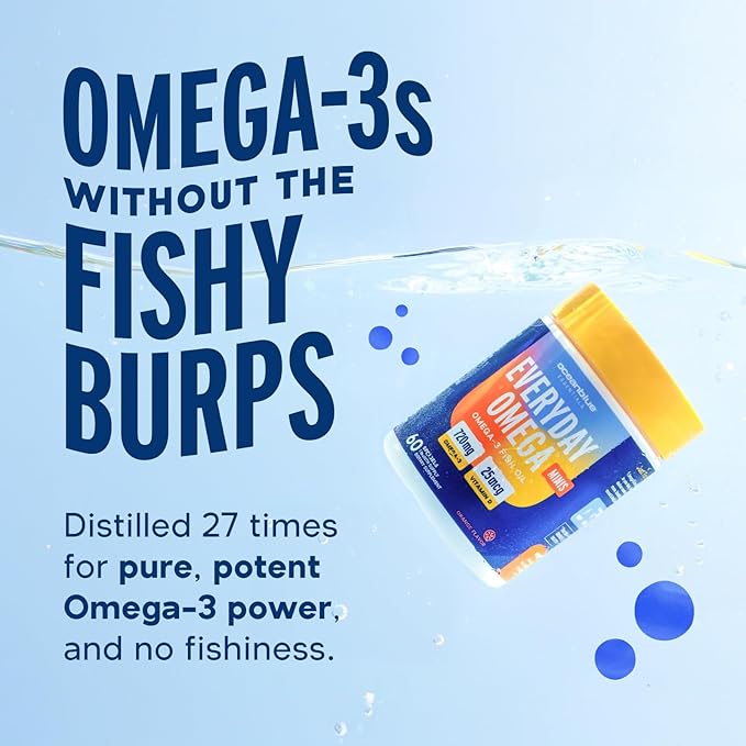 Oceanblue Essentials Brain Fuel Burpless Fish Oil High Potency Omega 3 DHA Supplement for Brain and Eye Support 1000 mg Tasty Orange Flavor 60 Count Softgels 1 Month Supply