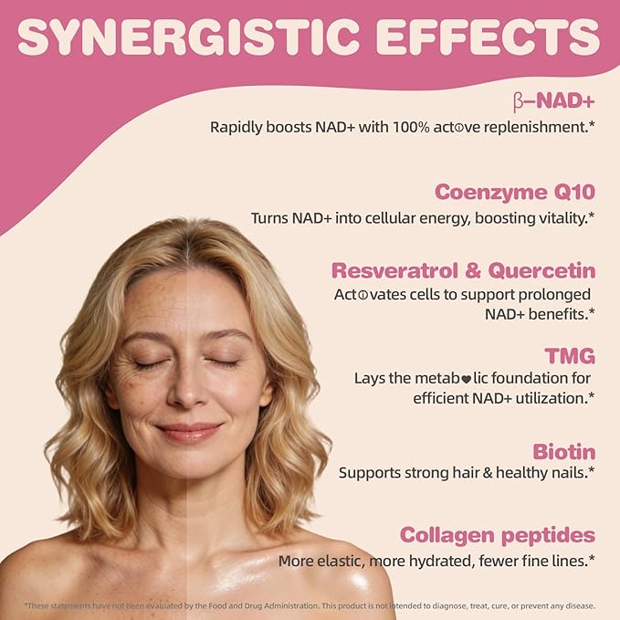 NAD Supplements for Women 5000mg, Liposomal NAD+ Powder with Resveratrol, Collagen Peptides, Biotin, CoQ10 & TMG for Healthy Aging, Cellular Energy, Hair Skin & Nails, Pink Lemonade Mix, 34 Servings