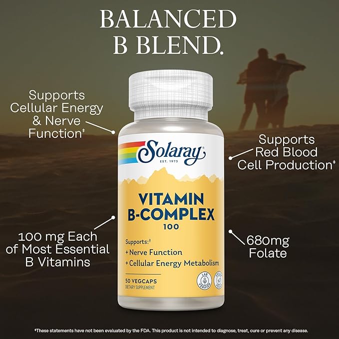 SOLARAY Vitamin B Complex 100mg - Cellular Energy, Nerve and Heart Health Support - Supplies All 8 B Complex Vitamins - Vitamin B12, B1, B2, B3, B6, Niacin, Folic Acid and Biotin - Vegan, 50 Servings