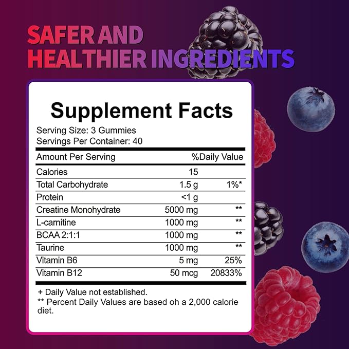 Creatine Monohydrate Gummies 8000 mg for Men & Women, Creatine Supplement for Enhanced Muscle Growth, Energy Boost - with L-Taurine, Sugar Free, Vegan, Raspberry BlackBerry Blueberry Flavor-120 Count