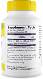 Healthy Origins Vitamin E 400 IU (Natural, Non-GMO, Gluten Free, Skin Support, Cardiovascular Support), 90 Softgels