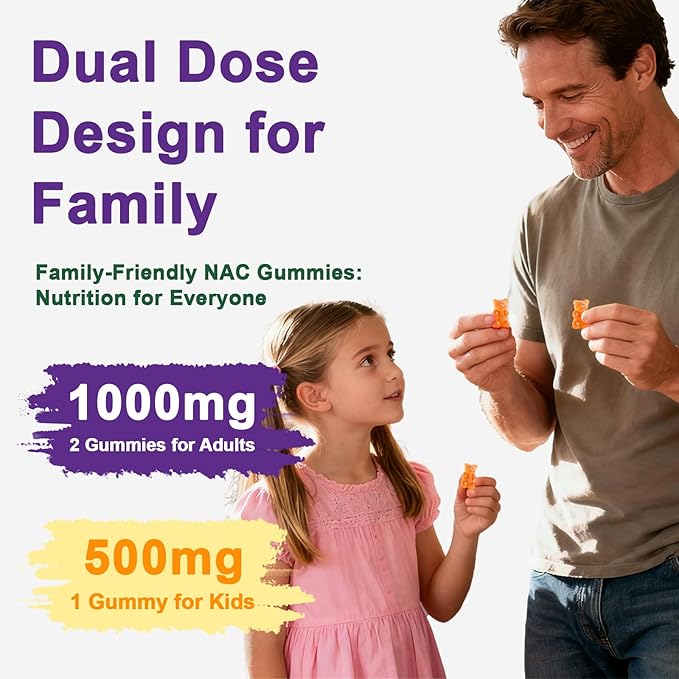 2Pcs NAC Supplement 1000mg for Adults & 500mg for Kids, Nac Supplement N-Acetyl Cysteine Gummies, Antioxidant Support, Vegan, Non-GMO, Sugar-Free – 120 Gummies