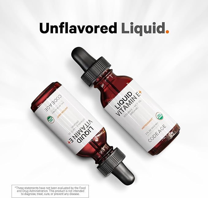 Codeage Liquid Vitamin E+ - USDA-Certified Organic Vitamin E - 2-Month Supply - D-Alpha Tocopherol Acetate, Organic MCT Oil, Orange Fruit Oil, Unflavored, Non-GMO, Vegan, Gluten-Free, 2 fl oz