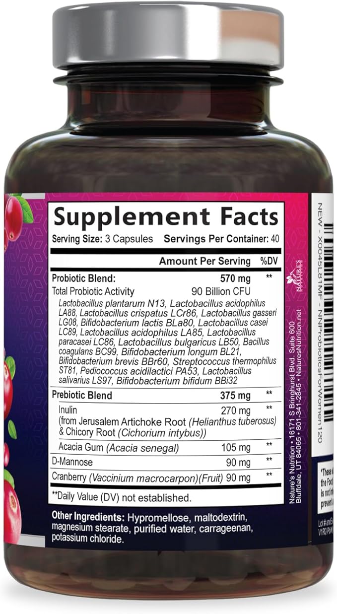 Probiotics for Women - Probiotic Blend 90 Billion CFU Per Serving - Women's Probiotic for Targeted Vaginal & Digestive Health Support - 16 Strains, Cranberry, Prebiotics - Bottled USA - 120 Capsules