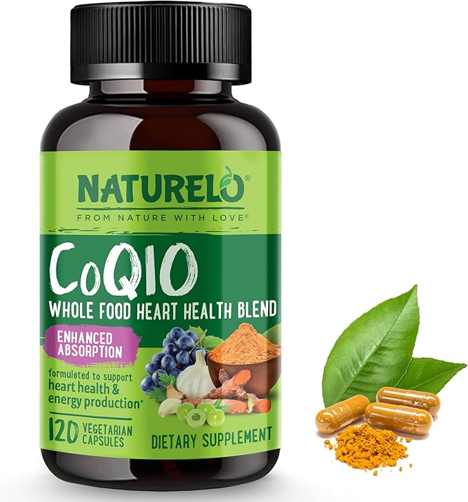 NATURELO Whole Food CoQ10 Supplement, 120 Veg Capsules, Heart Health Blend, Powerful Antioxidant, CoQ10 100mg Supports Energy Production