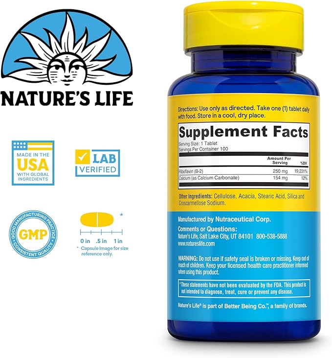 Nature's Life Vitamin B-2 250 mg - Vitamin B2 Energy Pills for Metabolism Support - High-Potency Riboflavin Plus Calcium Supplement - One Per Day - 100 Servings, 100 Tablets