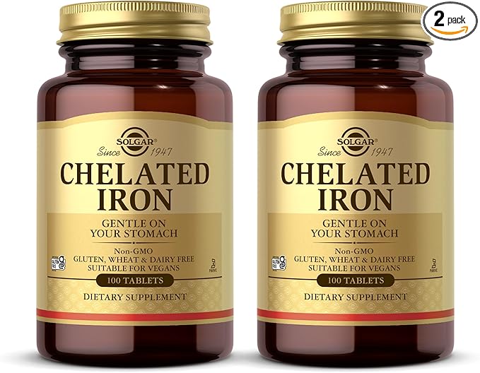 Solgar Chelated Iron - 100 Tablets, Pack of 2 - Gentle on Your Stomach - Non-GMO, Vegan, Gluten Free, Dairy Free, Kosher - 200 Total Servings