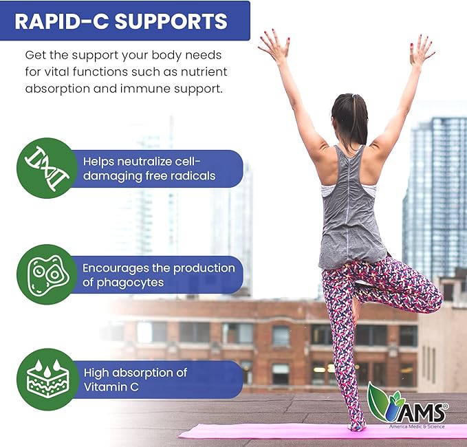 America Medic & Science Rapid-C 1000mg Vitamin C Supplement (1 Pack of 100 Tablets) Energy Booster, Daily Immune System Support, Antioxidant | Vegan, Non-GMO Coated Ascorbic Acid for Adult Men & Women