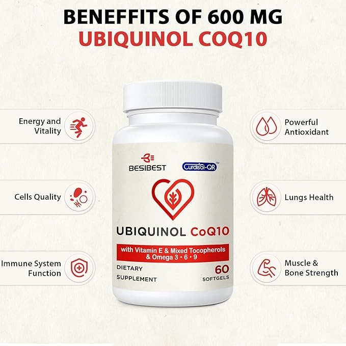 Ubiquinol CoQ10-600mg-Softgel, Active Coq10 Ubiquinol Supplement with Vitamin E & Omega 3, 6, 9, High Absorption-Coenzyme-Q10, Powerful Antioxidant for Energy Production, Tested, 480 Count
