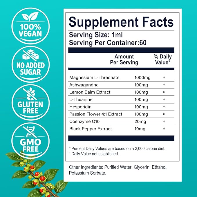 Magnesium L-Threonate Liquid Drops, Triple Calm Magnesium Threonate w. Apigenin, Theanine, Lemon Balm for Relaxation Sleep, High Absorption for Brain Health & Cognitive Support, 2.0 Fl Oz