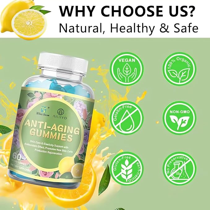 AIHIYO Anti-Aging Gummies, Promotes New Skin Cells Production Rejuvenation, Anti-Wrinkle & Antioxidant Support, Lemon Flavor, 60 Count