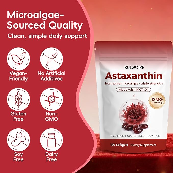 Astaxanthin 12mg with MCT Oil – 120 Softgels, Premium Astaxanthin Organic Supplements, for Kidneys, Eyes & Skin, Natural Microalgae Source, Triple Strength, Non-GMO & Gluten Free (Pack of 1)