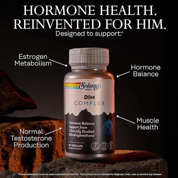 SOLARAY DIM Supplement for Men - Clinically Studied DIM 200mg Supports Hormone Balance - Plus Zinc and Quercetin - Vegan, Gluten Free, 60 Day Money-Back Guarantee - 30 Servings, 60 VegCaps