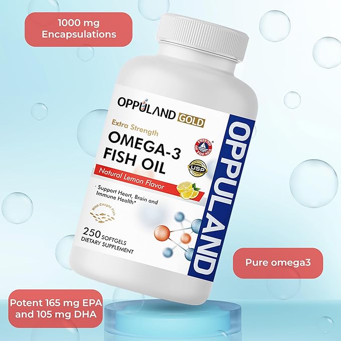 Omega 3 Fatty Acids Fish Oil Supplement - Triple Strength - 1000 mg Encapsulations with EPA 165 mg & DHA 105 mg for Heart, Brain & Joint Care - Burpless Omega3 - Lemon Flavor - 250 Softgels