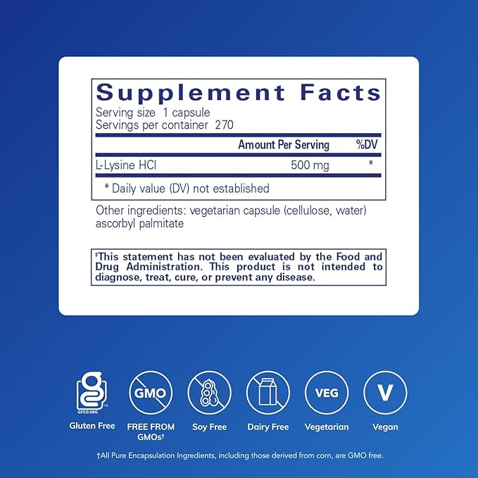 Pure Encapsulations L-Lysine - Essential Amino Acid Supplement for Immune Support & Gum, Lip Health* - with L-Lysine HCl - 270 Capsules