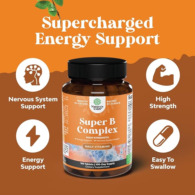 Super Vitamin B Complex for Women & Men - B Vitamins Complex with Thiamin, Riboflavin, Niacin, 6, 12 and Folate - Blend Supplement for Nervous System Support Energy & High Strength - 100 Tablets