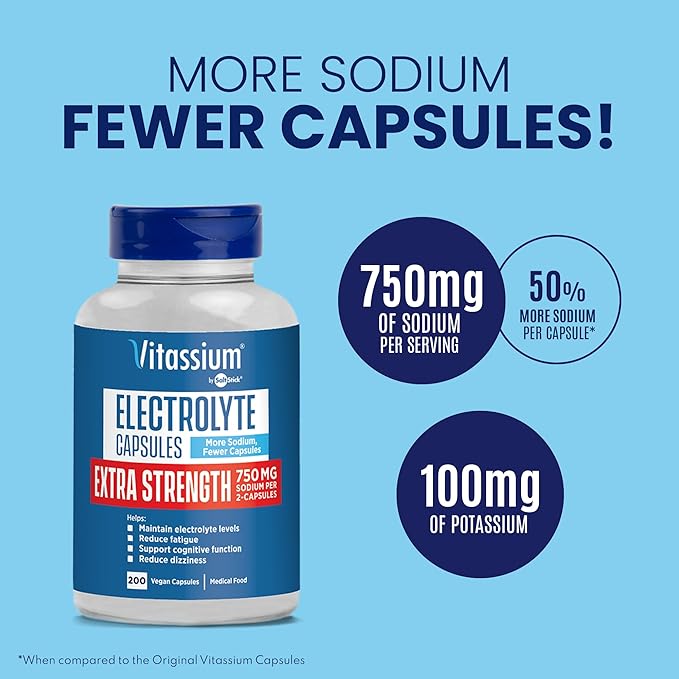 Vitassium Extra Strength Electrolyte Capsules - 750mg of Sodium for The Management of POTS and High Sodium Diets, Unflavored - 200 Salt Pills (Size 00)