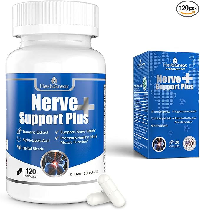 Nerve Support Plus, Nerve Supplement Alpha-Lipoic, AcidTurmeric Extract, B12, Vitamins and Herbal Blend for Fortify Nerve Health, 120 Capsules