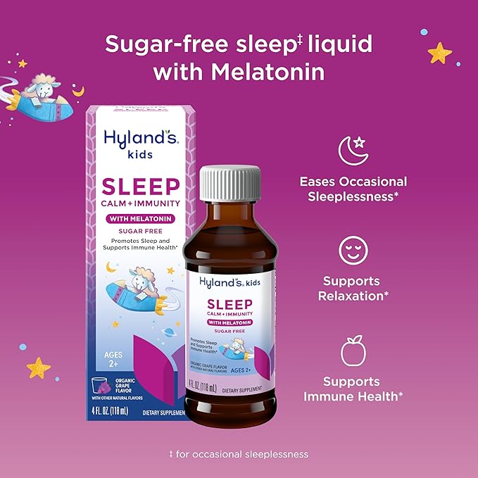 Hyland's Kids Sleep Calm & Immunity with Melatonin, Sugar-Free Sleep Aid Liquid with Magnesium, Vitamin D, Zinc & Elderberry, Promotes Sleep & Supports Immune Health, Ages 2+, Grape Flavor, 4 Fl. Oz.