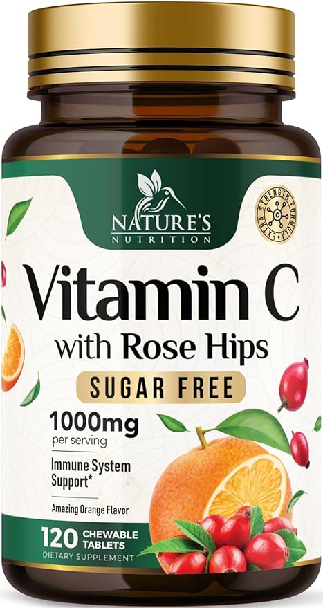 Vitamin C 1000mg Per Serving Chewable - Extra Strength Antioxidants for Powerful Immune Support w/Vitamin C & Rose HIPS, Potent Dietary VIT C Chews Supplement, Natural Orange Flavor, 120 Tablets