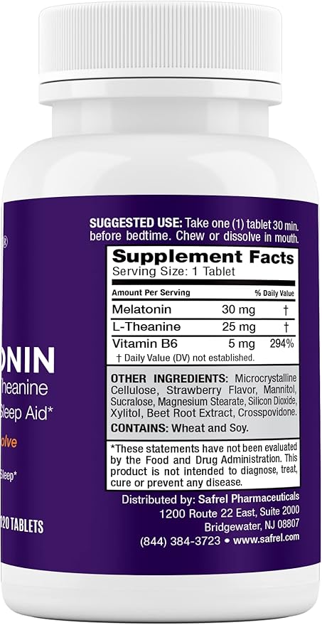 Safrel Melatonin 30mg - with B6 & L-Theanine - 120 Fast Dissolve Tablets with Natural Berry Flavor (2 Tablets Dose = Melatonin 60mg) (120 Count (Pack of 1))