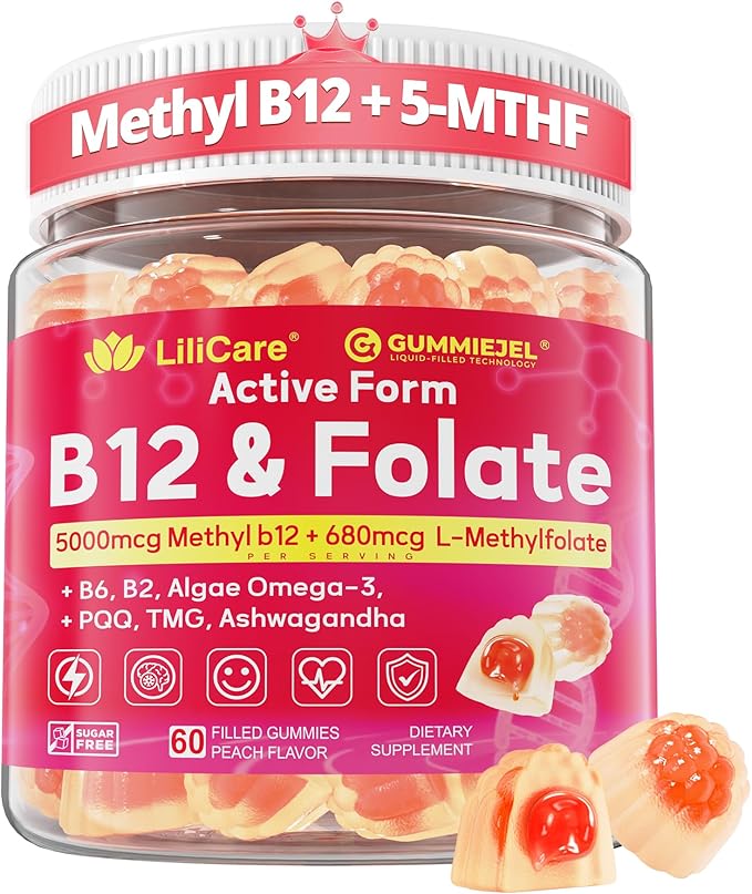 Methyl B12 5000mcg & L-Methylfolate Gummies for Women Men - Active 5-MTHF & Methylted B-Complex Multivitamin Supplement + B6, Choline,TMG for Cellular Energy, Cognition, Methylation, MTHFR Gene, 60Cts