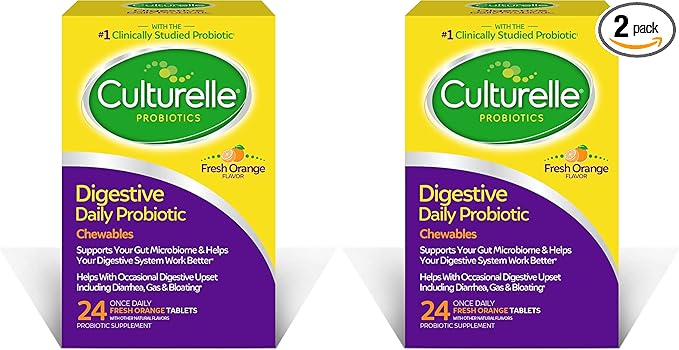 Culturelle Digestive Health Daily Probiotic-Chewables,Probiotic For Men & Women,Most Clinically Studied Probiotic-Strain,10 Billion CFUs,Supports Occasional Diarrhea,Gas,Bloating, 24 Count (Pack of 2)