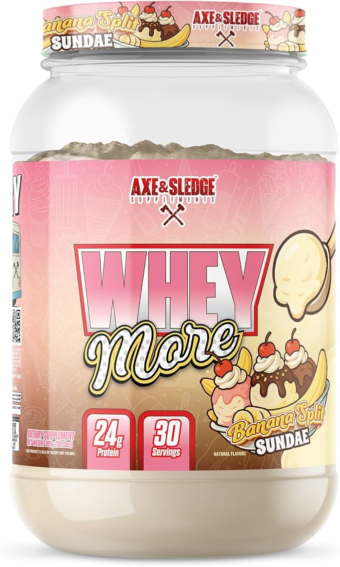 Axe & Sledge WHEY More Premium Protein Blend | 24g Protein, Whey Concentrate & Isolate | Prebiotic Fiber for Enhanced Absorption | Banana Split Sundae