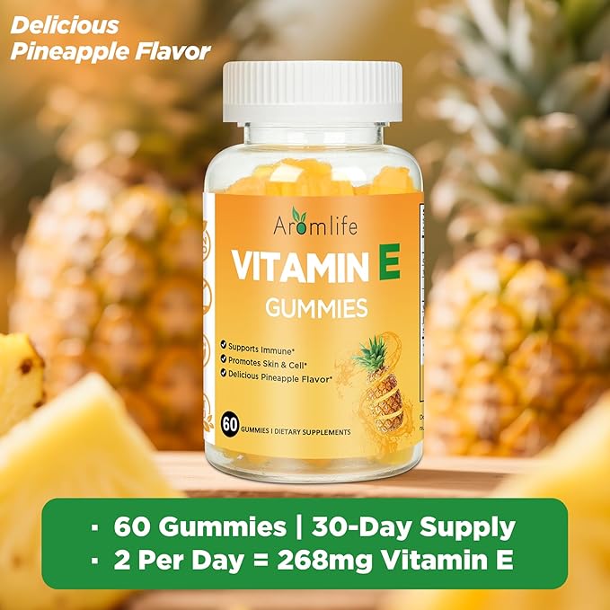 Vitamin E 400 IU Gummies for Immune, 268mg Per Serving Vitamin E Gummies for Women and Men Skin Glow & Cell Wellness, 60 Count Pineapple Flavor Sugar-Free Gluten-Free