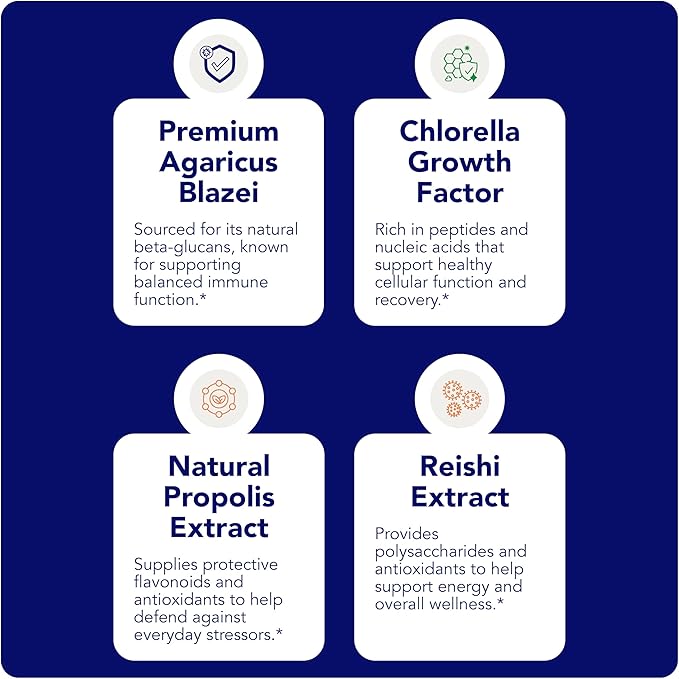 Sun Chlorella Agaricus Premier 4-in-1 Immunity & Vitality Supplement - Agaricus & Reishi Mushroom Complex with Chlorella Growth Factor & Propolis Extract Adaptogens & Mushrooms Superfood - 30 Servings
