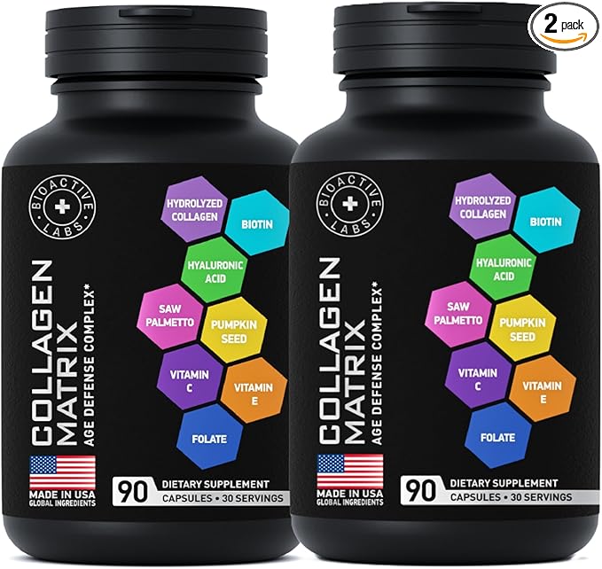Age Defense Beauty Collagen Matrix - 2,000mg Multi Collagen Biotin Keratin Hyaluronic Acid Saw Palmetto Supplement Complex - DHT Blocker for Men & Women for Hair Growth - 2-PACK, 180 Gluten-Free Caps