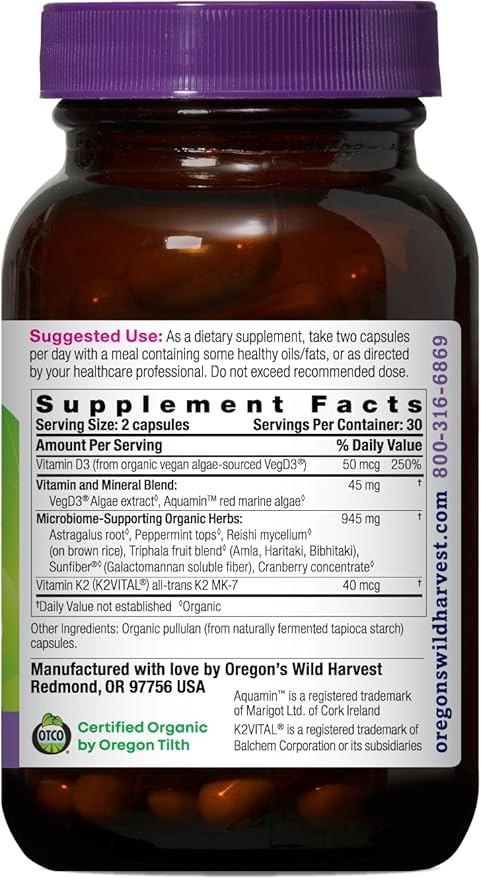 Oregon’s Wild Harvest Organic Vitamin D3 & K2 – Bone, Immune & Muscle Health Support – Vegan Capsules with Microbiome-Supporting Herbs, Aquamin® Trace Minerals, USDA Organic, 60 Ct