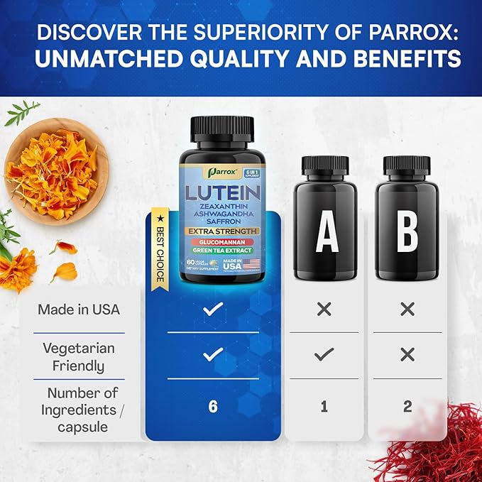 Lutein Supplement with Zeaxanthin, Ashwagandha, Saffron, Green Tea Extract, Glucomannan, Eye Vitamins for Adults, Vision Health Supplement, Plant-Based Formula for Daily Support (60 Caps)