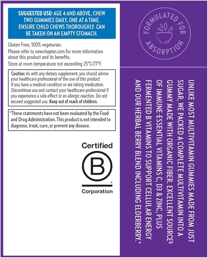 New Chapter Kids Multivitamin Gummies - 65% Less Sugar, Kids Gummy Vitamins with Vitamins C, D3 & Zinc, Non-GMO, Gluten Free, Berry-Citrus, 60ct,(Pack of 2)