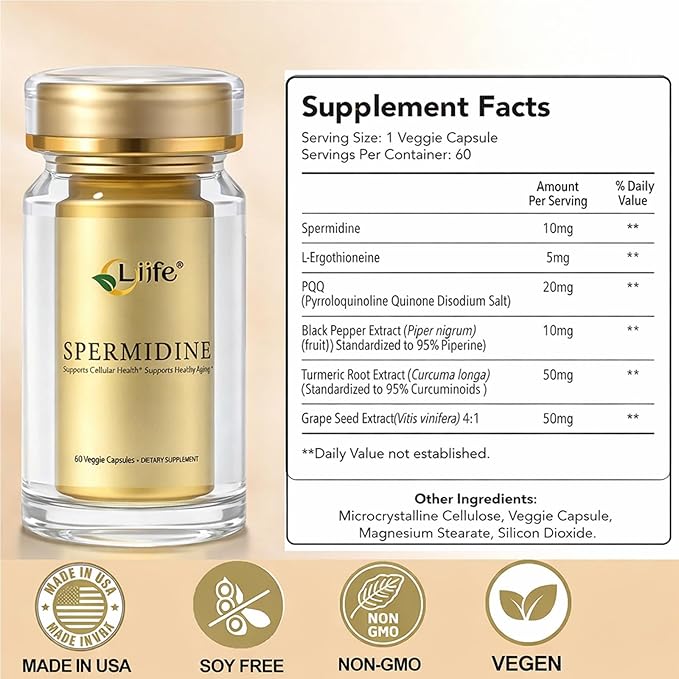 LIIFE Spermine Supplement for Women & Men（6-in-1 Formula）— 60 Vegan for Cellular Health, Anti-Aging & Energy* - Made in USA - 10MG Spermine Per Serving