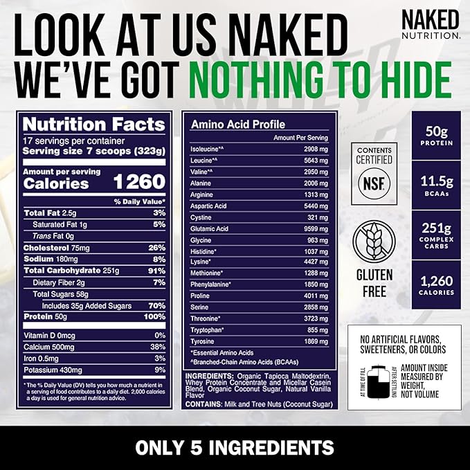 NAKED Vanilla Mass - All Natural Vanilla Weight Gainer Protein Powder - 12LB Bulk, NSF Certified, GMO Free, Gluten Free & Soy Free, No Artificial Ingredients - 1,260 Calories - 17 Servings