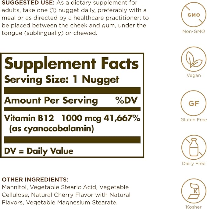 Solgar Sublingual Vitamin B12 1000 mcg - 250 Nuggets, Pack of 2 - Non-GMO, Vegan, Gluten Free, Dairy Free, Kosher - 500 Total Servings