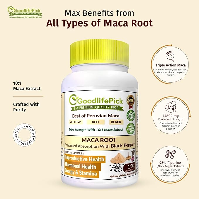 Peruvian Maca Root Capsules 150 ct. Powerful Maca Blend of Yellow Red & Black Maca Root with Black Pepper. All Natural NonGMO Vegan No Stearate No Rice Powder No Silica No Filler