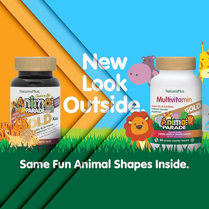 NaturesPlus Animal Parade Gold Children's Multivitamin - Assorted Cherry, Orange & Grape Flavors - 60 Chewable Tablets, Pack of 2 - Vegetarian, Gluten Free - 60 Total Servings