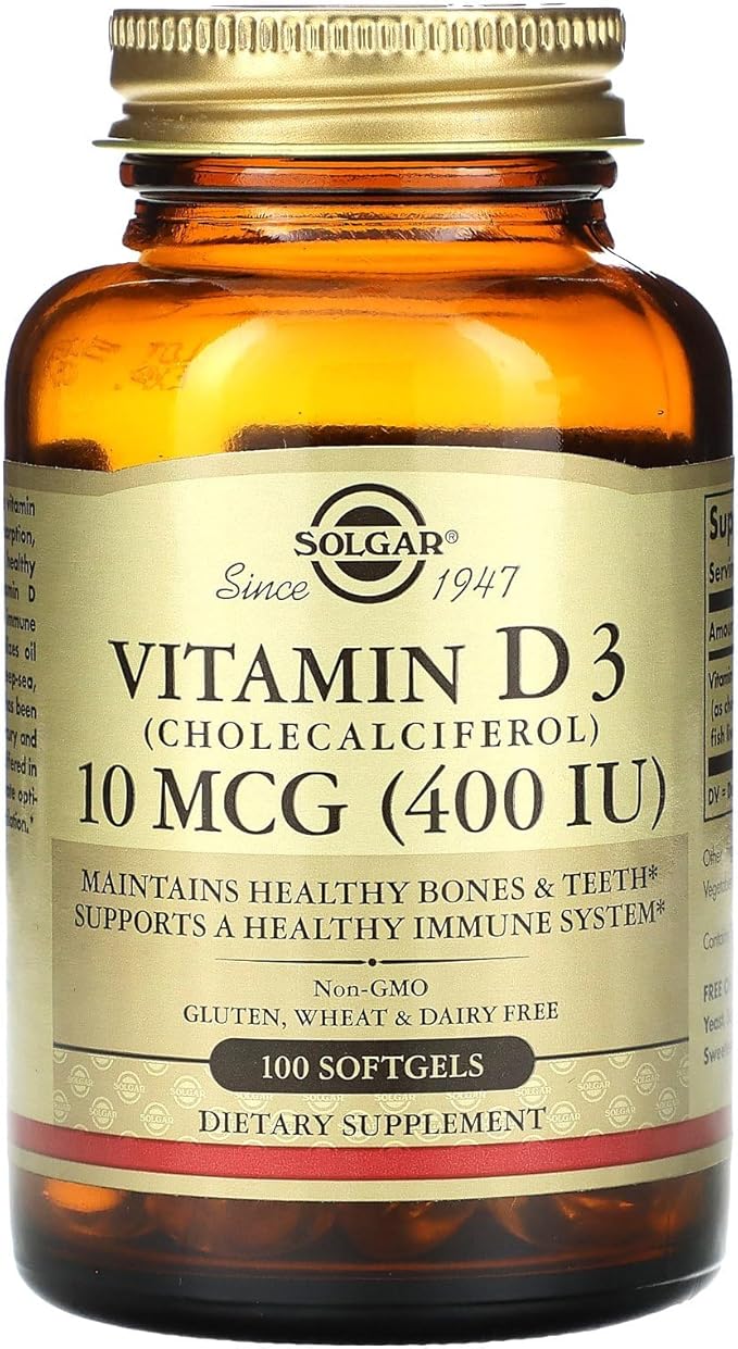 Solgar Vitamin D3 (Cholecalciferol) 10 MCG (400 IU), 100 Softgels - Helps Maintain Bones & Teeth - Immune System Support - Non-GMO, Gluten Free, Dairy Free - 100 Servings