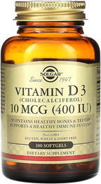 Solgar Vitamin D3 (Cholecalciferol) 10 MCG (400 IU), 100 Softgels - Helps Maintain Bones & Teeth - Immune System Support - Non-GMO, Gluten Free, Dairy Free - 100 Servings