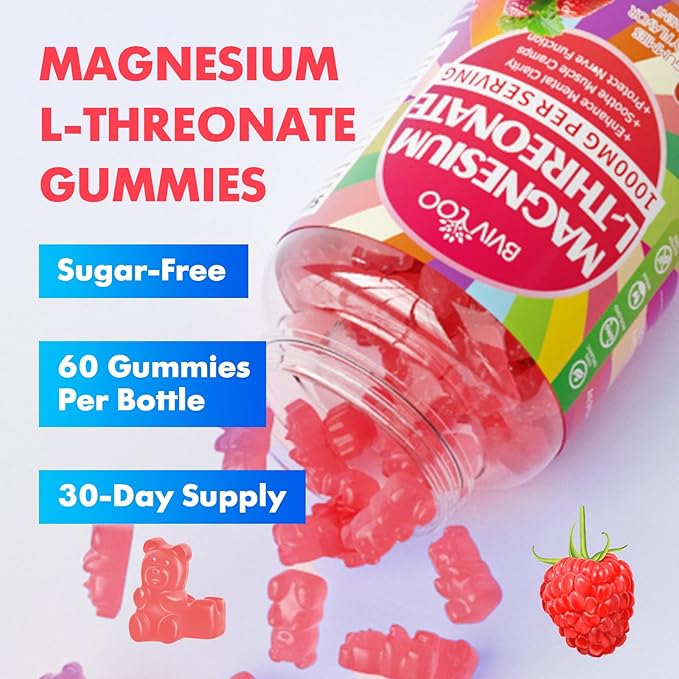 1000mg Magnesium L-Threonate Gummies for Kids & Adults - Muscle & Nervous System Support, Vegan, Sugar-Free Raspberry Flavor, 120 Gummies