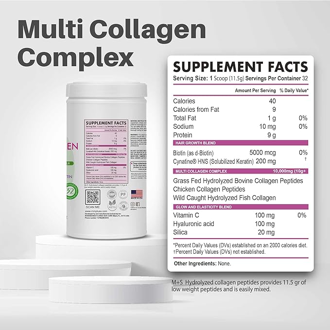 M+S Multi Collagen Complex – Hydrolyzed Collagen peptides, Types I, II, III for Skin, Hair, Nails and Joints – with Vitamin C, Hyaluronic Acid, Keratin, Biotin and Silica (Unflavored)