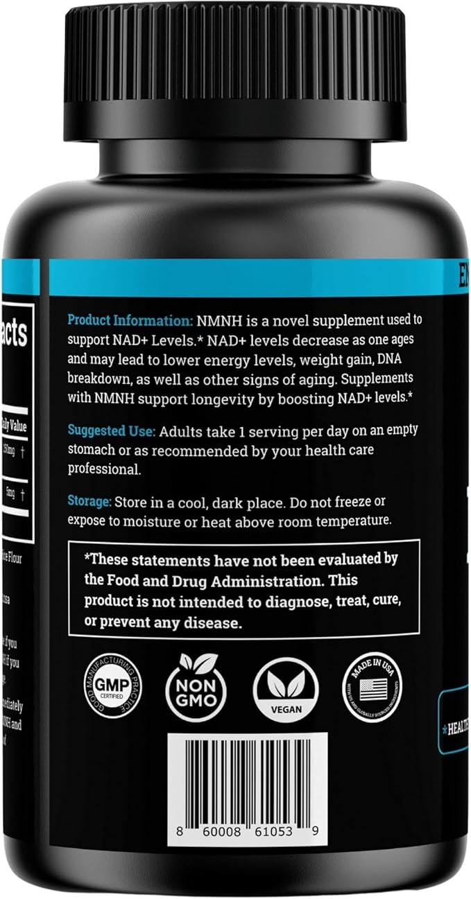 NMNH Supplement 250MG Pure Dihydro-Nicotinamide Mononucleotide (NMN Supplement Alternative with Bioperine® For 3X The Bioavailability) NAD Supplement to Boost NAD+ Levels For Anti-Aging & Energy