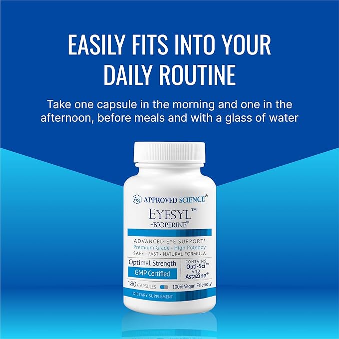Approved Science EyeSyl - Eye Support Supplement - Chromium Picolinate, Taurine, Lutein, Zeaxanthin, Bilberry, BioPerine - 3 Month Supply - 180 Capsules - Made in USA