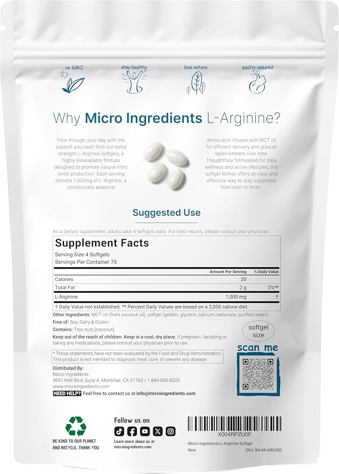 Micro Ingredients L-Arginine 1000mg with MCT Oil, 300 Softgels | Nitric Oxide Precursor* for Men & Women | Extra Strength Amino Acid Formula for Daily Wellness | Non-GMO, Gluten Free, No Soy