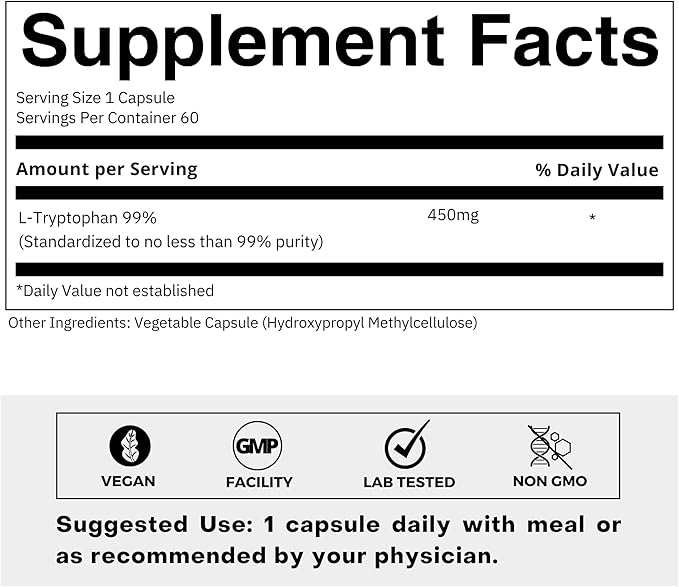 Clean Label L Tryptophan Supplement 450mg – Essential Amino Acid – Supports Restful Sleep and Relaxation – 60 Capsules
