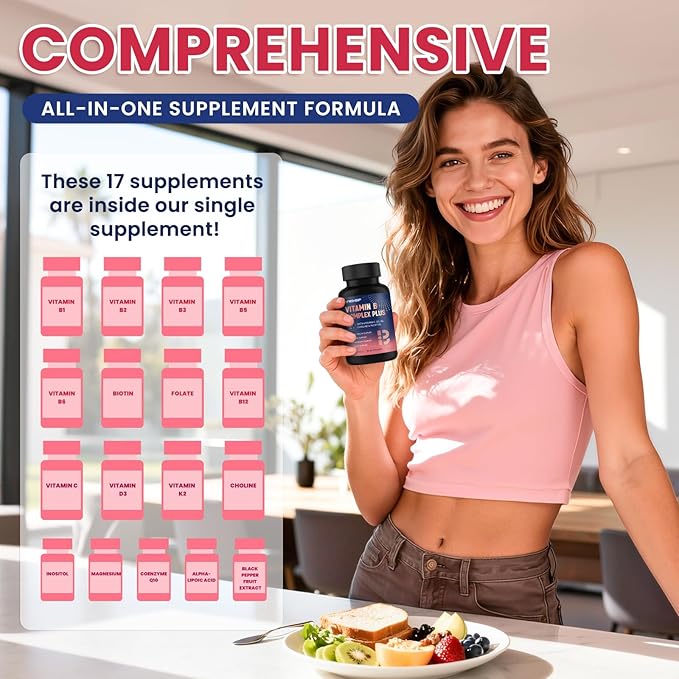 17-in-1 Vitamin B Complex Plus – Vitamin B1, B2, B3, B4, B5, B6, B7 (Biotin), B8 (Inositol), B9, B12, C, D3, K2, Energy, Immune, Skin, Nerve Support for Men & Women - 120 Capsules